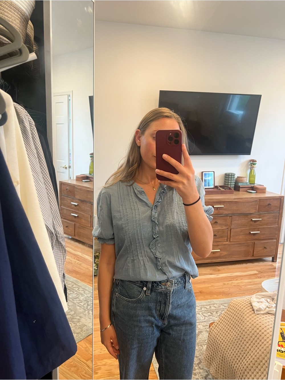 LOFT Light Blue Pintuck Ruffle-Front Blouse - Picture 2 of 3